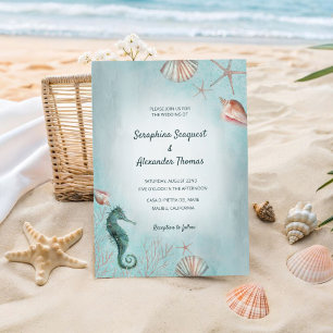 Invitación Costa   Playa Azul Acuarela Conchas de Mar Boda