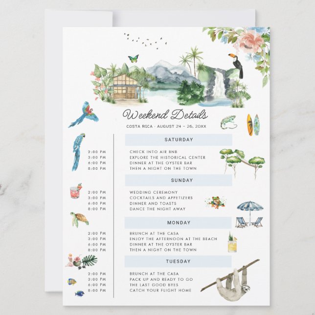 Invitación Costa Rica | Fin de semana Boda ilustrado (Anverso)