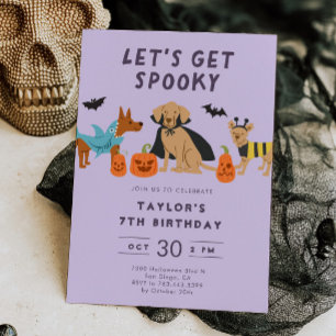 Invitación Costume púrpura espumoso Perros Halloween Cumpleañ