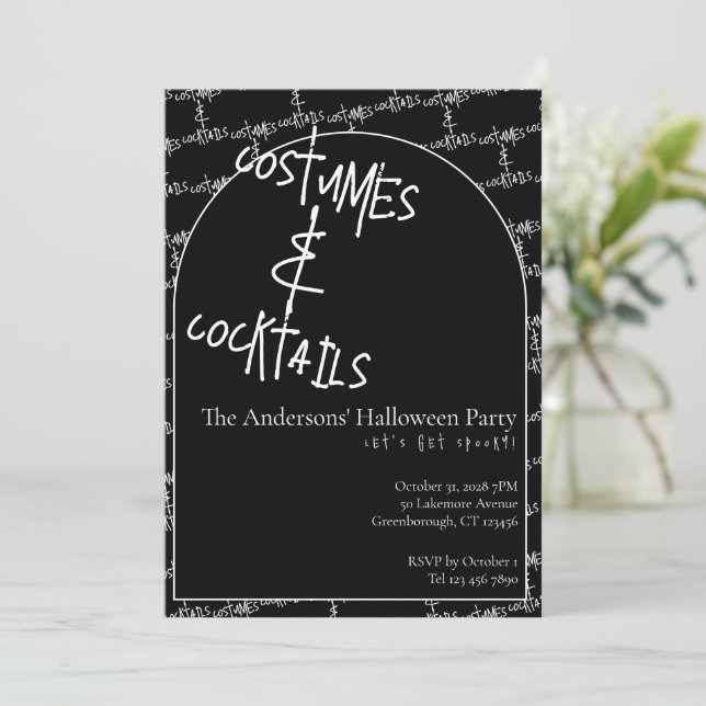Invitación Costumes and Cocktails Halloween Black White Party (Anverso de pie)