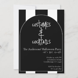 Invitación Costumes Cocktails Halloween Black White Stripe