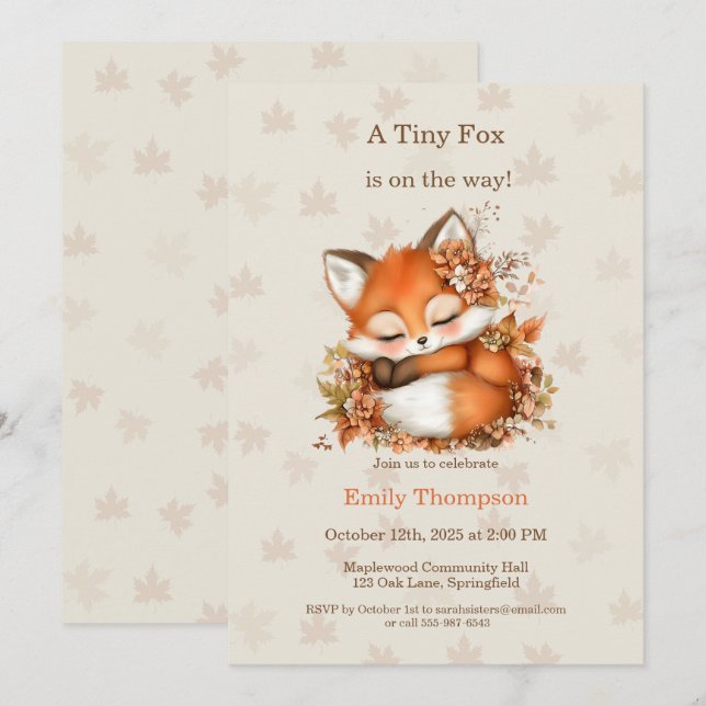 Invitación Cosy Autumn Fox Baby Shower acogedor Fiesta Woodla (Anverso / Reverso)