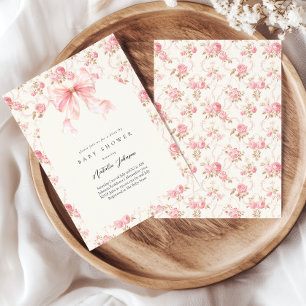 Invitación Cottage Floral Pink Bow Baby Shower Por Correo