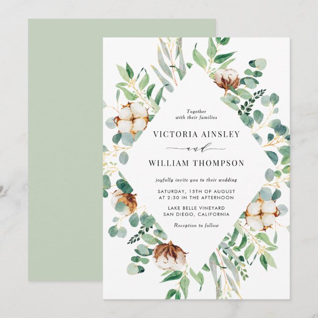 Invitación Cotton acuarela y eucalipto deja Boda (Anverso / Reverso)
