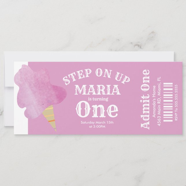 Invitación Cotton Candy Circus Tent Birday Ticket Fiesta (Anverso)