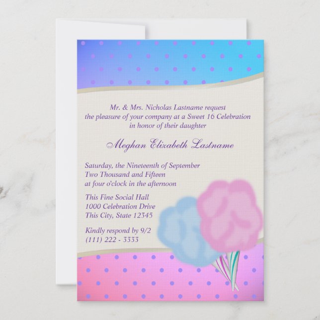 Invitación Cotton Candy Sweet Dieciséis Cumpleaños (Anverso)