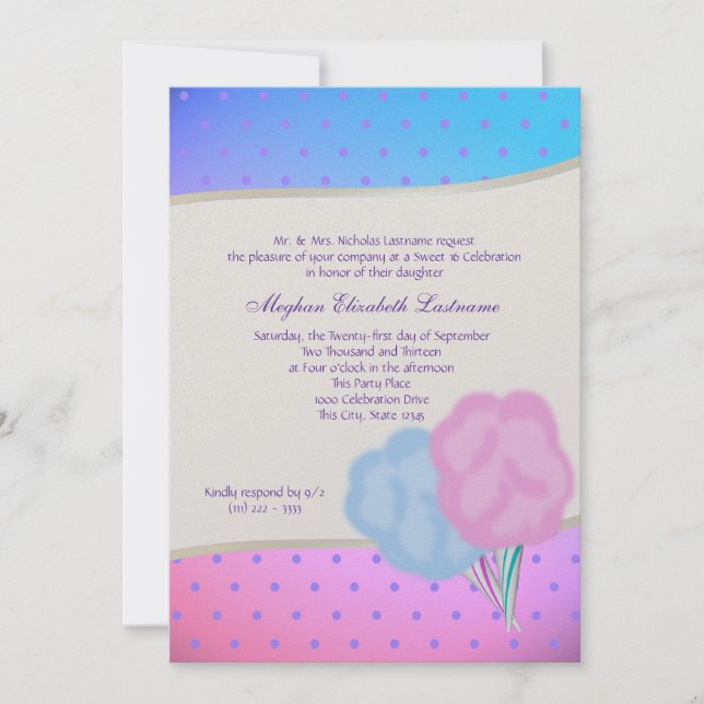 Invitación Cotton Candy Sweet Dieciséis Cumpleaños (Anverso)