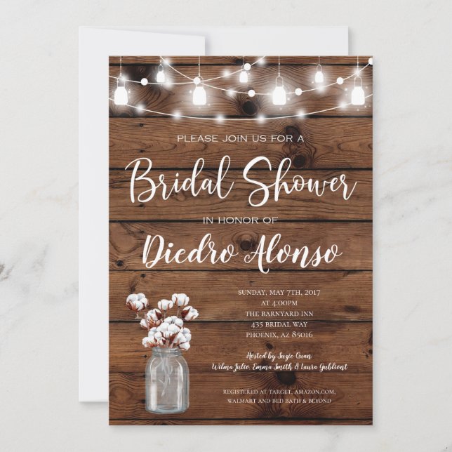 Invitación Cotton Mason Jar Rustic Bridal Shower (Anverso)