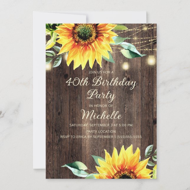 Invitación Country Barn String ilumina el girasol 40 cumpleañ (Anverso)