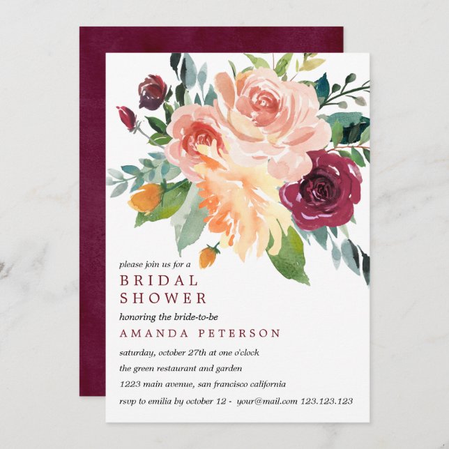 Invitación Country Bloom Bride Bouquet Borgoña Bridal Shower (Anverso / Reverso)