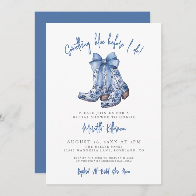 Invitación Country Blue Bow Cowboy Bridal Shower (Anverso / Reverso)