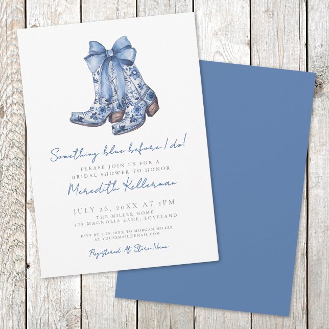 Invitación Country Blue Bow Cowboy Shower (Country Blue Bow Cowboy Boots Bridal Shower Invitation)