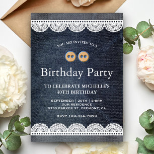 Invitación Country Blue Denim White Lace Birday Party