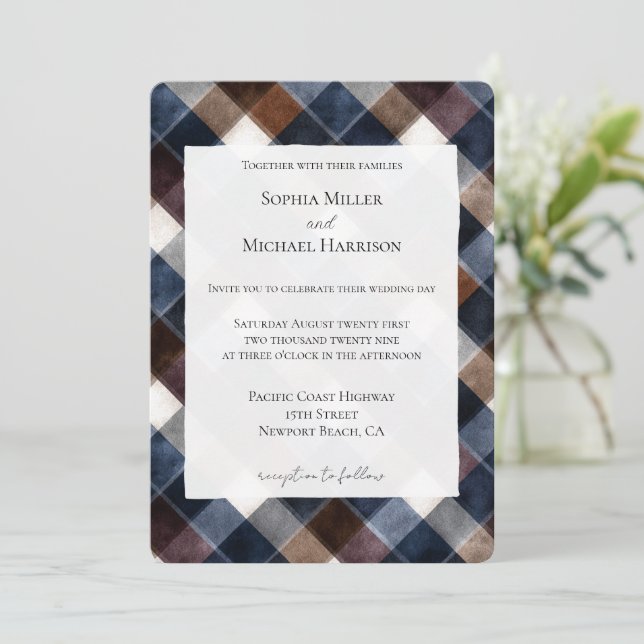 Invitación Country Blue Red White Squares Wedding (Anverso de pie)
