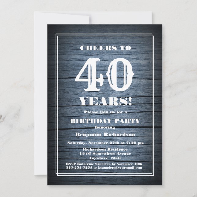 Invitación Country Blue Wood 40.º Fiesta de cumpleaños (Anverso)