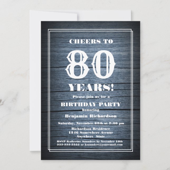 Invitación Country Blue Wood 80 cumpleaños (Anverso)