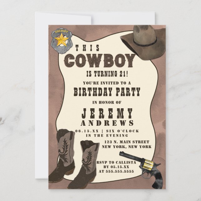 Invitación Country Brown Cowboy Watercolor Birday (Anverso)