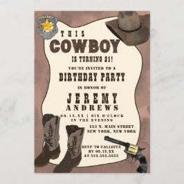 Invitación Country Brown Cowboy Watercolor Birday