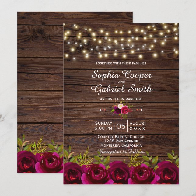 Invitación Country Burgundy Floral String Lights Wood Boda (Anverso / Reverso)