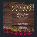 Invitación Country Burgundy Floral String Lights Wood Boda<br><div class="desc">Rústico País Borgoña Marsala Floral | Invitación a la Boda de Madera de Barn. Rústico rojo burdeos, marsala rosas acuarelas, disposición floral botánica diseño boda con hojas verdes y luces de cuerda en madera marrón oscura. Presenta un elegante diseño de tipografía escrita a mano con el nombre de la novia...</div>