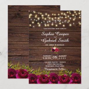 Invitación Country Burgundy Floral String Lights Wood Boda