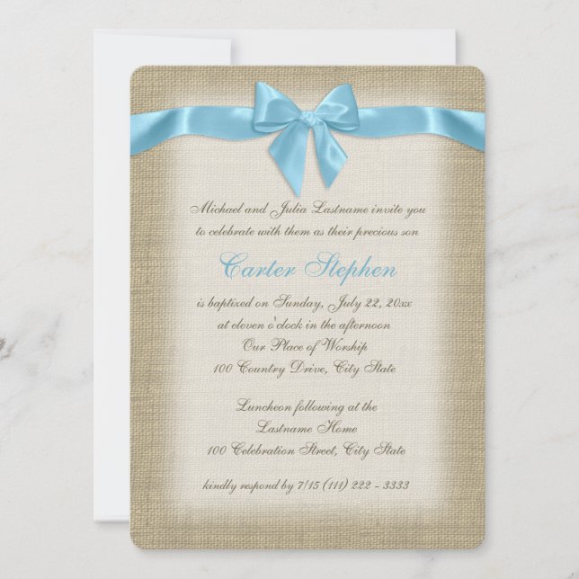 Invitación Country Burlap Baby Blue Christening (Anverso)
