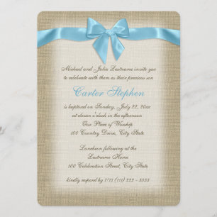 Invitación Country Burlap Baby Blue Christening