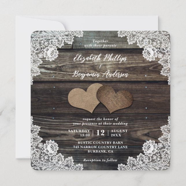 Invitación Country Burlap Hearts Floral Lace Wood Boda (Anverso)