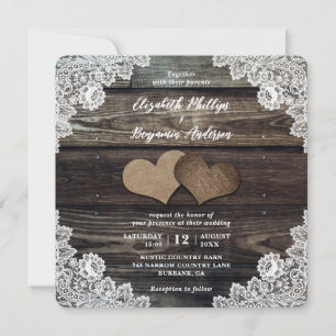 Invitación Country Burlap Hearts Floral Lace Wood Boda