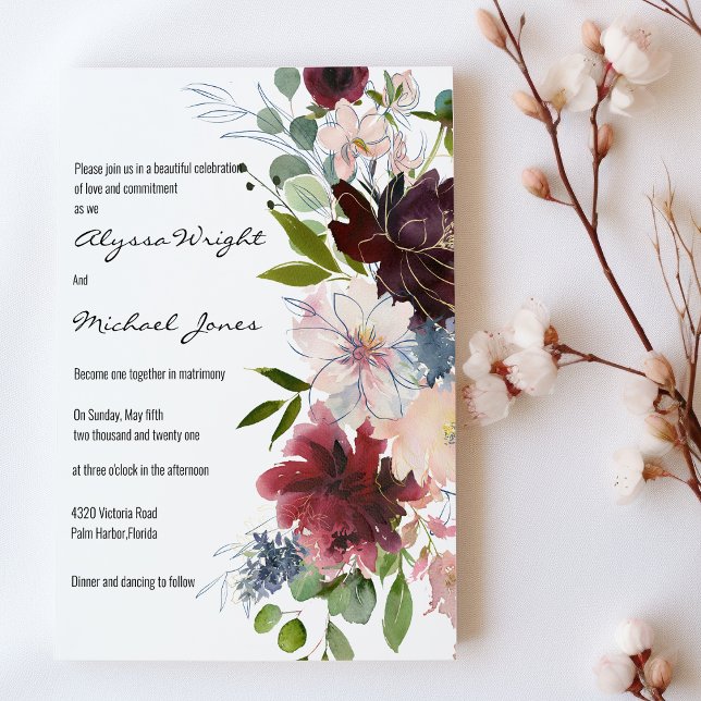 Invitación Country chic gold burgundy pink floral Wedding (Country chic gold burgundy pink floral Wedding )