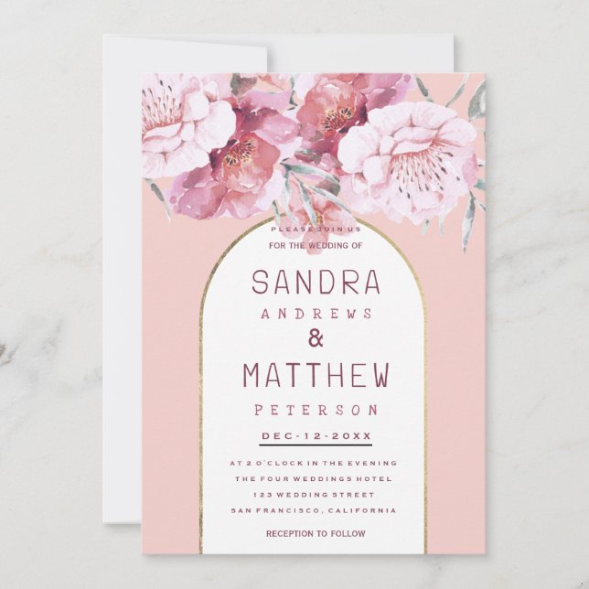 Invitación Country chic mint pastel pink gold floral wedding  (Anverso)
