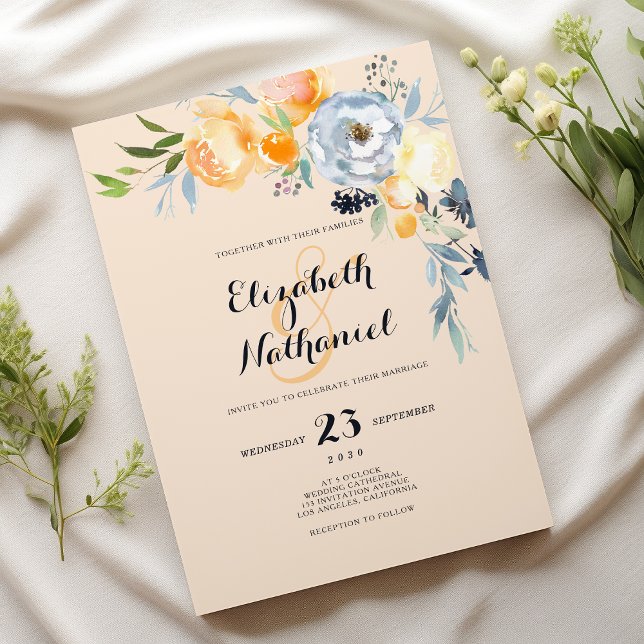 Invitación Country chic orange blue ivory floral wedding (Country chic orange blue ivory floral wedding)