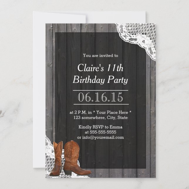 Invitación Country Cowboy Boots Boots Lace & Wood Birday Part (Anverso)