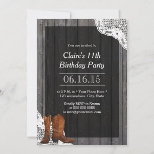 Invitación Country Cowboy Boots Boots Lace & Wood Birday Part