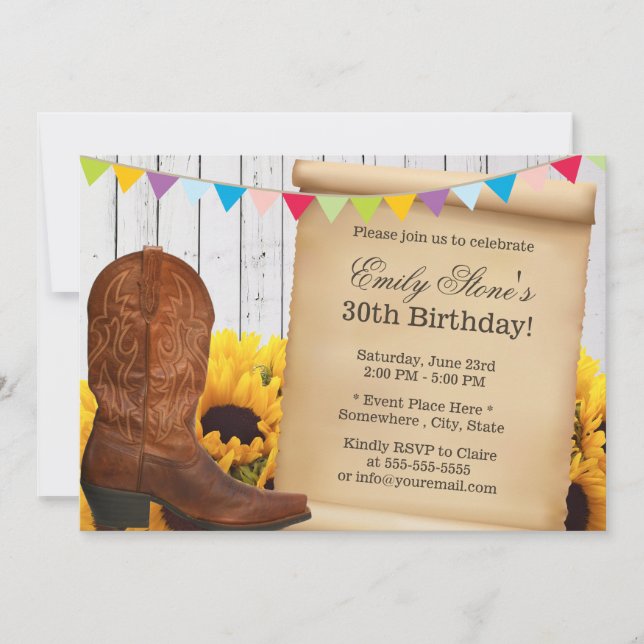 Invitación Country Cowgirl & Sunflowers Fiesta de cumpleaños  (Anverso)