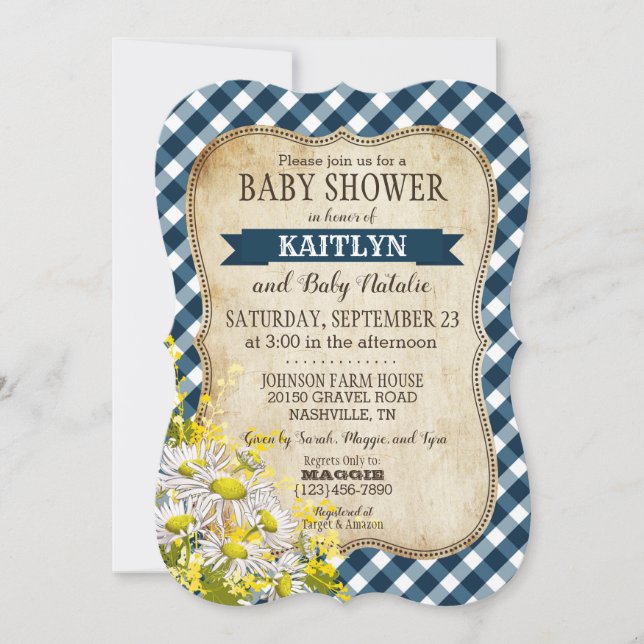 Invitación Country Daisy Navy Blue Gingham Check Baby Shower (Anverso)