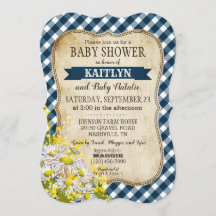 Country Daisy Navy Blue Gingham Check Baby Shower