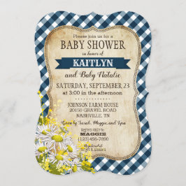 Invitación Country Daisy Navy Blue Gingham Check Baby Shower