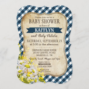 Invitación Country Daisy Navy Blue Gingham Check Baby Shower