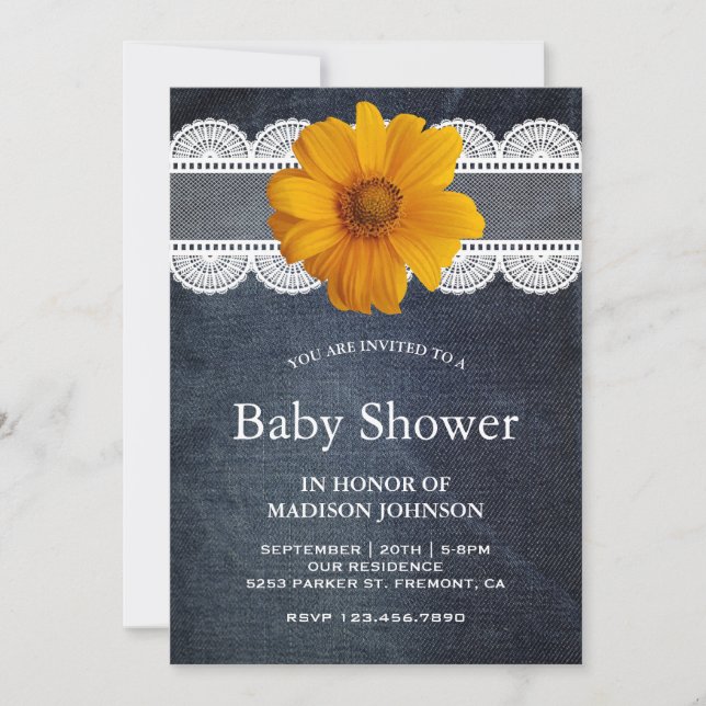 Invitación Country Denim Lace Sunflower Baby Shower (Anverso)