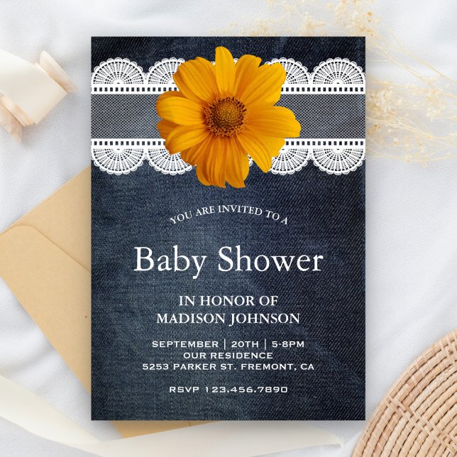 Invitación Country Denim Lace Sunflower Baby Shower (Subido por el creador)