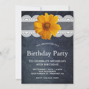 Invitación Country Denim Lace Sunflower Birday Party