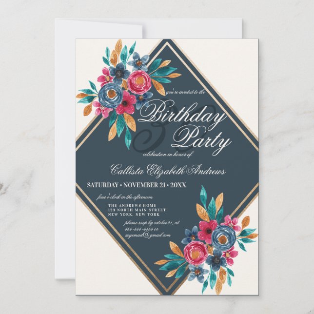 Invitación Country Fall Blue Gold Watercolor Flores Cumpleaño (Anverso)