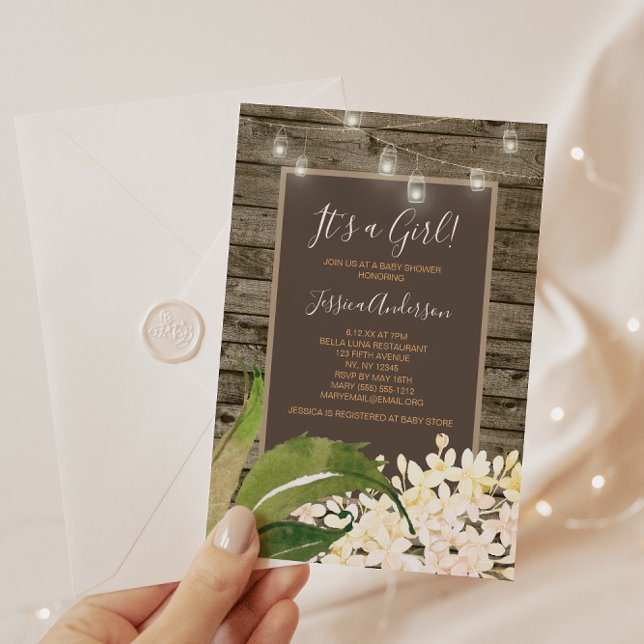 Invitación Country Floral Mason Jar String Light Baby Shower (Subido por el creador)