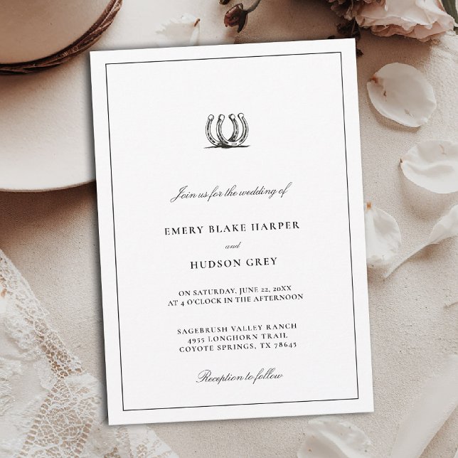 Invitación Country Horseshoe Frame Western Elegant BW Wedding (western wedding invitation cowboy country horseshoes horse lovers black white art sketch elegant)