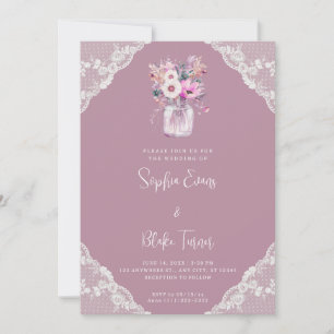 Invitación Country Lace & Mason Jar Flowers Boda Rosa