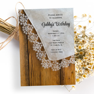 Invitación Country Lace y Barn Wood Birday Party