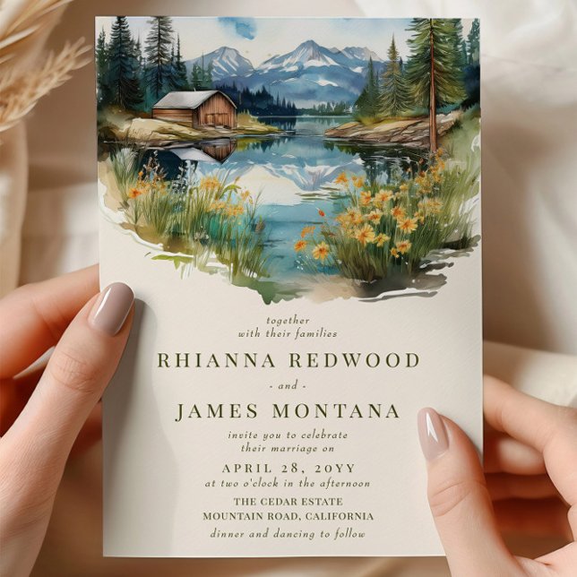 Invitación Country Lake and Barn Watercolor Boda (Wedding Invitation from the Country Lake wedding collection by Darling & May)