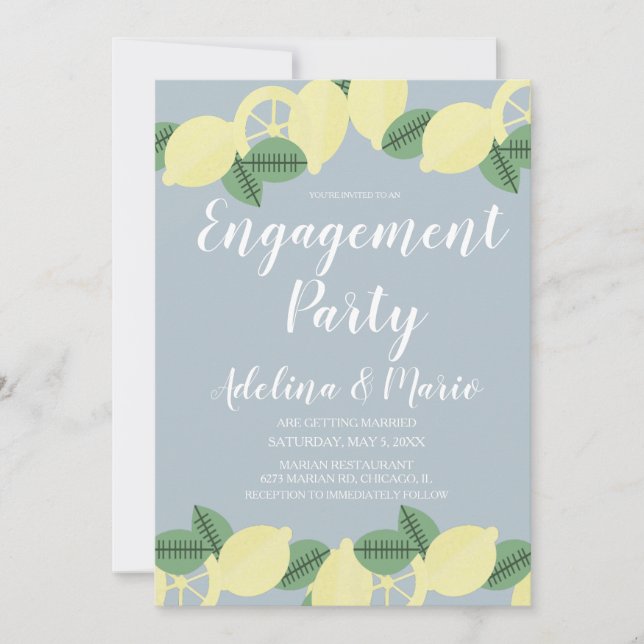 Invitación Country Lemon Boho Rubor Blue Engagement Party (Anverso)