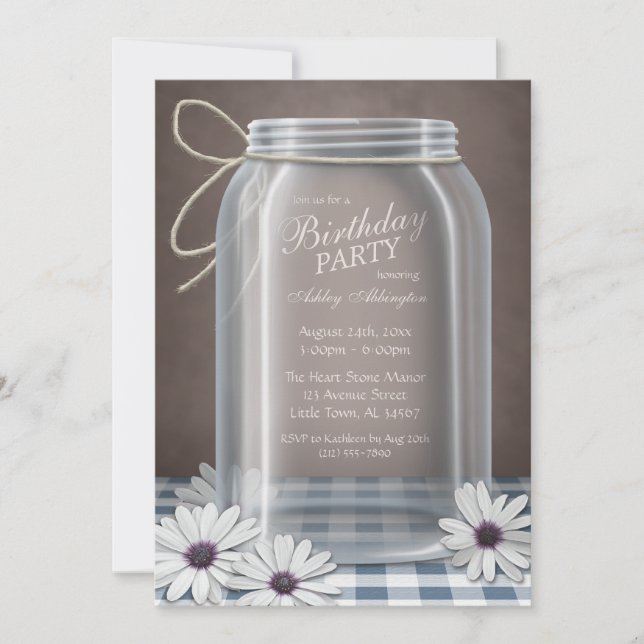 Invitación Country Mason Jar Blue Gingham Birthday Party (Anverso)